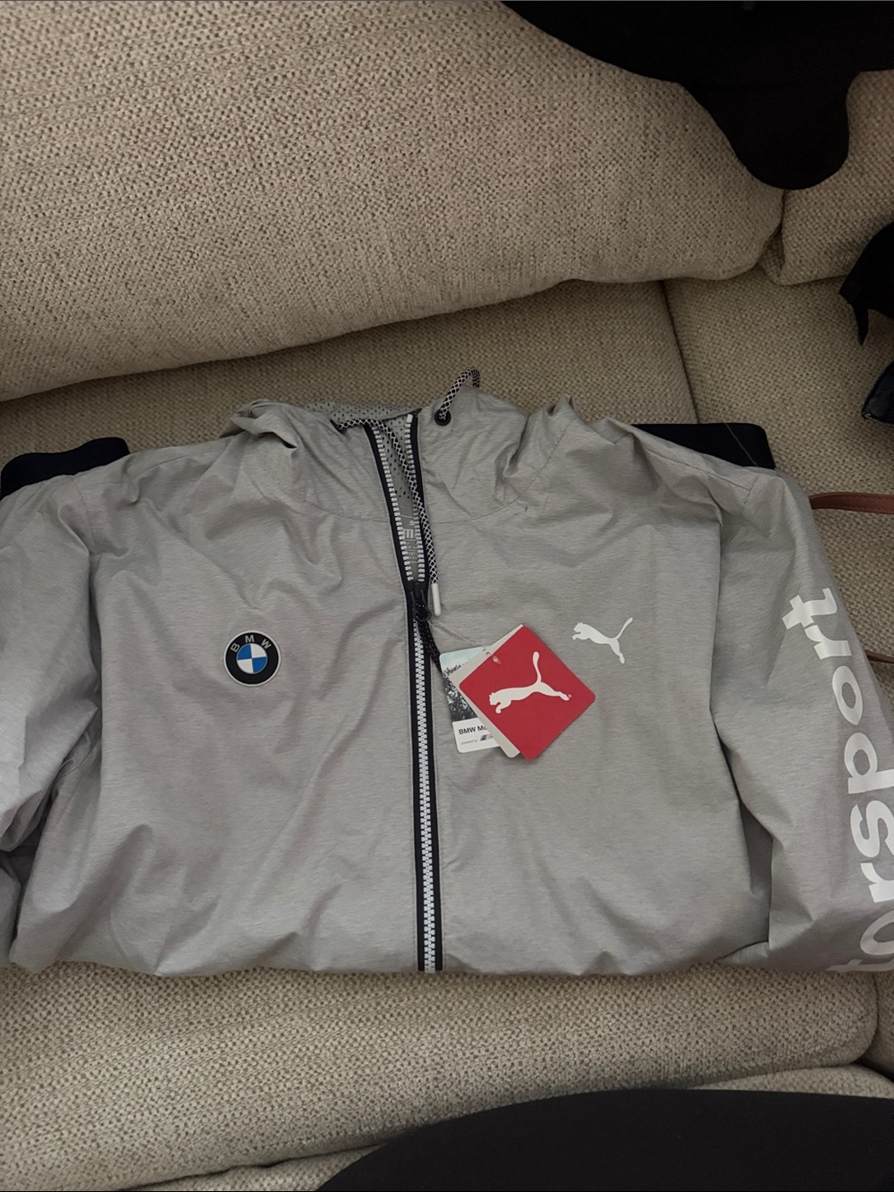 Puma Light Gray Hooded Windbreaker with BMW Logo - Picture 2 of 2
